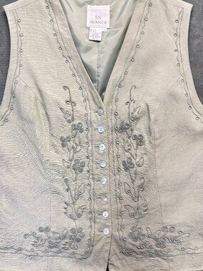 En Avance Linen Blend Embroidered Vest Womens Size 14 Beige Button Front Minimal